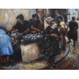 JOHN BOWEN oil on board - market scene, entitled verso 'Fishsellers at Tossa de Mar', signed and