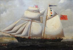 19TH CENTURY MARITIME SCHOOL oil on canvas laid to board - full-sail portrait with title at base '