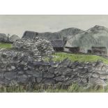 SIR KYFFIN WILLIAMS RA mixed media - upland cottage behind dry-stone walls, entitled verso on Albany