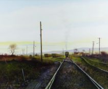 LAURENCE ROCHE gouache on paper laid to board - landscape with steam locomotive at a colliery with