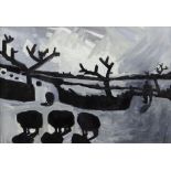 KARL DAVIES oil on board - moonlit landscape with sheep, entitled verso 'Picking Up Stragglers',