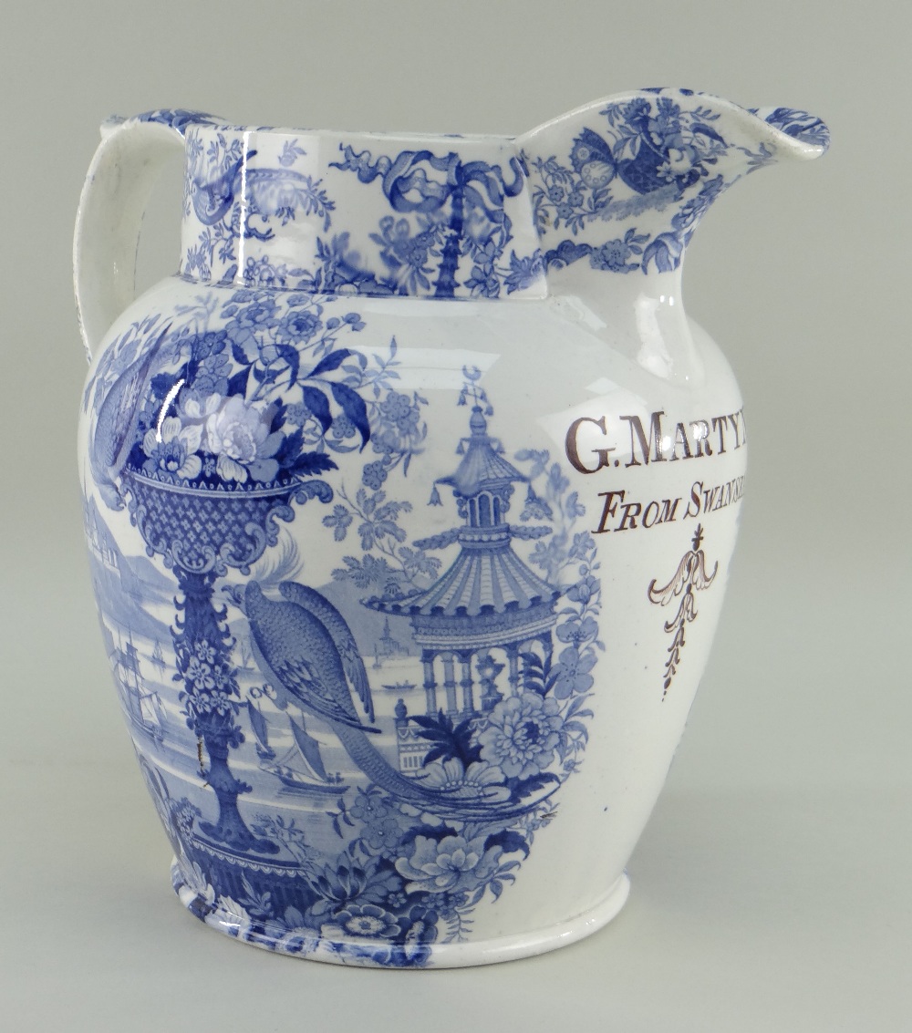 A BLUE & WHITE SWANSEA POTTERY DOCUMENTARY JUG IN THE ORIENTAL BASKET TRANSFER of baluster form, - Image 3 of 8