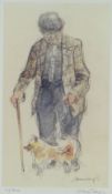 WILLIAM SELWYN coloured limited edition (101/500) print - farmer with stick and dog, signed in full,