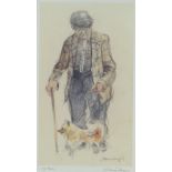 WILLIAM SELWYN coloured limited edition (101/500) print - farmer with stick and dog, signed in full,