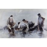 WILLIAM SELWYN artist proof colour print - four fisherman drawing in their nets, signed in full,