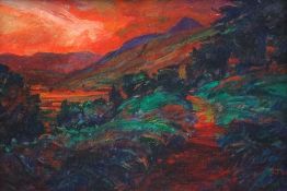 SELWYN JONES oil on canvas - Eryri landscape with red sky, signed with initials and dated 1996, 24 x