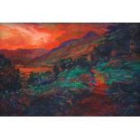 SELWYN JONES oil on canvas - Eryri landscape with red sky, signed with initials and dated 1996, 24 x