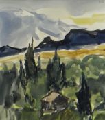 SIR KYFFIN WILLIAMS RA watercolour - Patagonia landscape with barn amongst trees, distant mountains,