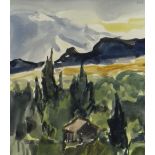 SIR KYFFIN WILLIAMS RA watercolour - Patagonia landscape with barn amongst trees, distant mountains,