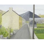 CLIO MANSEL BROAD watercolour - Welsh mining street with terraces and slag heap in the background,