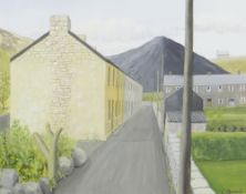 CLIO MANSEL BROAD watercolour - Welsh mining street with terraces and slag heap in the background,