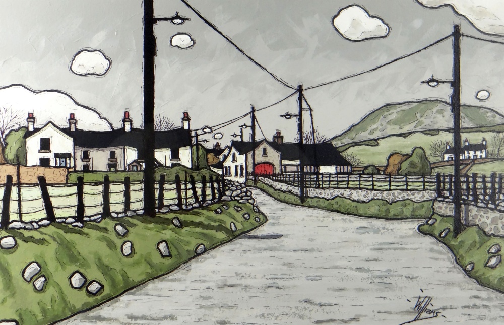 ALAN WILLIAMS acrylic on rag paper - landscape with farm, entitled 'Carmel...