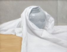 DAVID KNIGHT oil on canvas - vase wrapped in white sheet, entitled verso 'Shiny', unsigned, 40 x