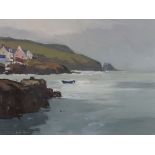 GARETH THOMAS acrylic - coastal scene with small boat and pink house, signed, 26 x 34cms Provenance: