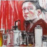 SHANI RHYS JAMES oil on canvas - self portrait with jars and red background, entitled verso on