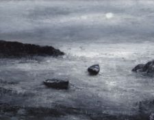 PETER JOHN JONES large acrylic on canvas - fishing boats in bay, entitled 'Haven at Moonlight',
