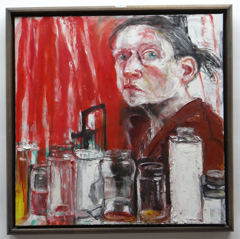 SHANI RHYS JAMES oil on canvas - self portrait with jars and red background, entitled verso on - Image 2 of 2