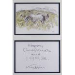 SIR KYFFIN WILLIAMS RA printed greeting card - standing ponies, from a watercolour and pencil,