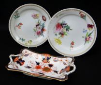 SWANSEA PORCELAIN TWIG HANDLED CENTRE DISH & TWO PLATES the centre dish in Japan pattern No. 264,