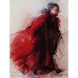 JOHN MACFARLANE watercolour, gouache and crayon - theatrical figure in trailing red coat with