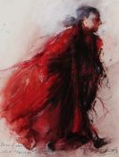 JOHN MACFARLANE watercolour, gouache and crayon - theatrical figure in trailing red coat with