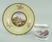 A SWANSEA PORCELAIN LANDSCAPE DISH & MUG the plate in yellow ground and solid gilt borders,