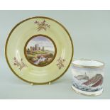 A SWANSEA PORCELAIN LANDSCAPE DISH & MUG the plate in yellow ground and solid gilt borders,