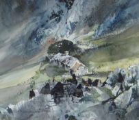 MALCOLM EDWARDS watercolour - dramatic hillside ruined cottages, with farmer and dog on a track,