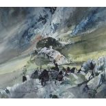 MALCOLM EDWARDS watercolour - dramatic hillside ruined cottages, with farmer and dog on a track,