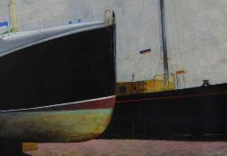 GARETH DAVIES watercolour - study of two black hulled boats, signed and entitled verso 'Black