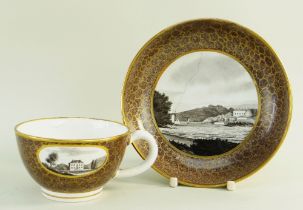 A RARE SWANSEA PEARLWARE CABARET TEA CUP & SAUCER PAINTED WITH SCENES BY WILLIAM WESTON YOUNG, circa