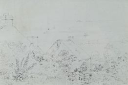THOMAS BAXTER rare pencil drawing - figure seated on wall of garden with two houses and Swansea
