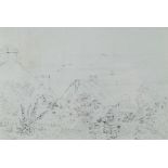 THOMAS BAXTER rare pencil drawing - figure seated on wall of garden with two houses and Swansea