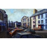 HYWEL HARRIES oil on board - highly detailed street scene featuring Seion Chapel, Baker Street,