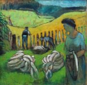 JOHN ELWYN oil on canvas - 'Wool Gathering', titled verso on Workshop Wales Gallery label, signed,