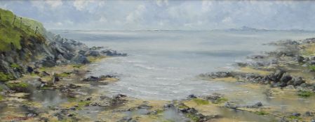 CHARLES WYATT WARREN oil on board - Anglesey coastal scene with rocky cove, signed, 35 x 90cms