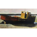 GARETH DAVIES watercolour - beached boat with rusted hull, signed and dated 2002, 37 x 70cms