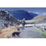 KEITH BOWEN limited edition (136/200) print - scene of farmer and his two dogs and flock of sheep,