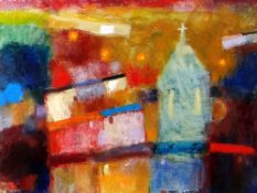 CHRIS GRIFFIN acrylic - terraced streets with chapel, entitled verso 'Terraces, Chapel and Four