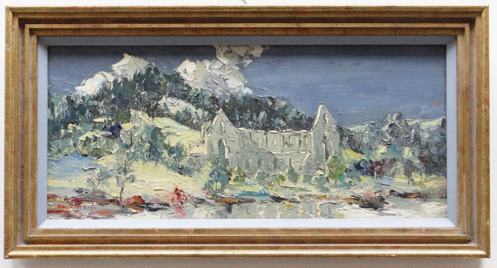 CHARLES WYATT WARREN oil on board - entitled verso 'Abaty Glynygroes, Ger Llangollen', (Glynygroes - Image 2 of 2