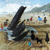 NICK HOLLY acrylic - children playing on beach watched on by dogs, signed, 27.5 x 27.5cms