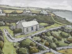 ALAN WILLIAMS acrylic on board - coastal whitewashed cottages, entitled 'Cottages, Abereiddy',