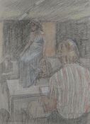 THOMAS RATHMELL pencil drawing - figures in a life-drawing class with model on a chair, signed, 37 x