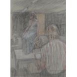 THOMAS RATHMELL pencil drawing - figures in a life-drawing class with model on a chair, signed, 37 x