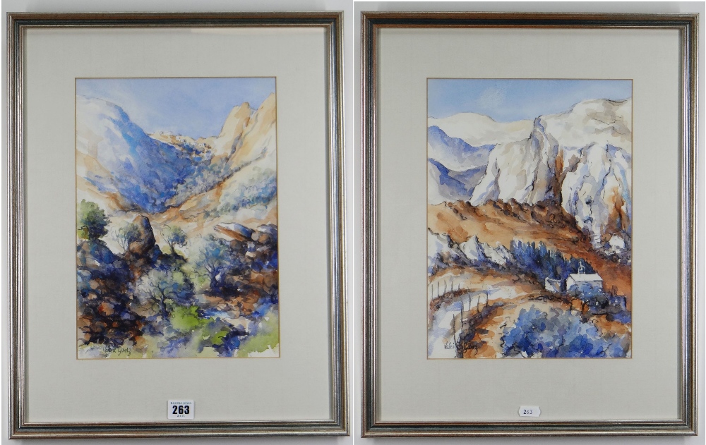 VALERIE GANZ watercolours, a pair - Cypriot landscapes, one with small church, the other with