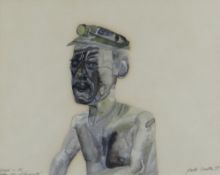 JACK CRABTREE mixed media - head and shoulders portrait of a miner with bare-chest, titled 'Joseph