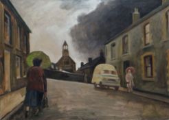 GEORGE CHAPMAN oil on canvas - dark and rainy south Wales street scene with church, two figures