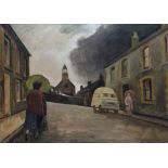 GEORGE CHAPMAN oil on canvas - dark and rainy south Wales street scene with church, two figures