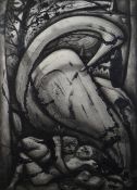 ALAN PERRY inkwash - two figures shielding from enormous bird, signed and dated 1992, 67 x 55
