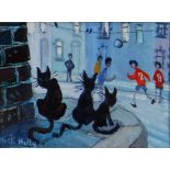 NICK HOLLY mixed media - entitled verso on Albany Gallery label 'Three Cats Watching the Ball',